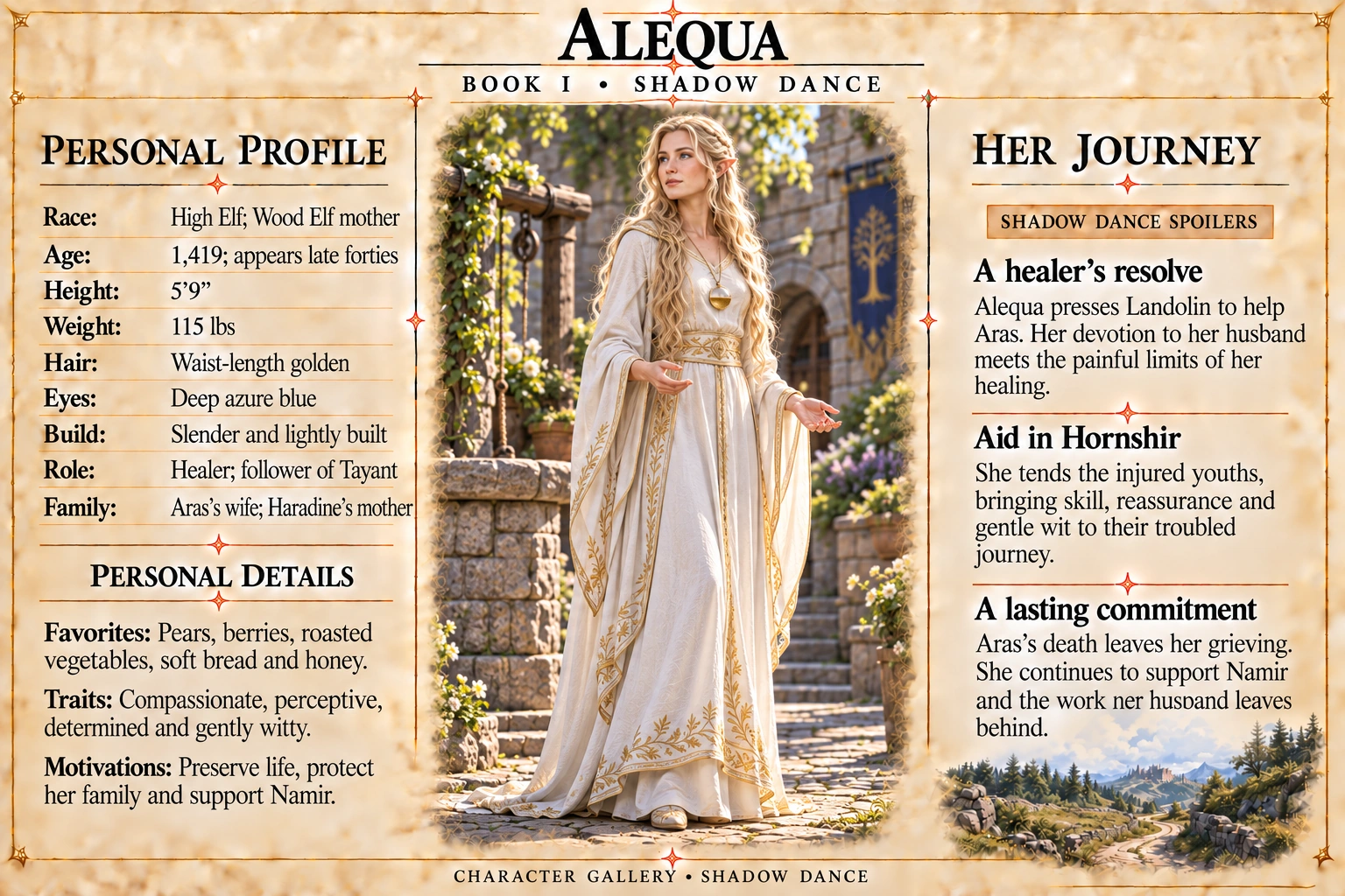 Alequa — Shadow Dance character card; profile and portrait only