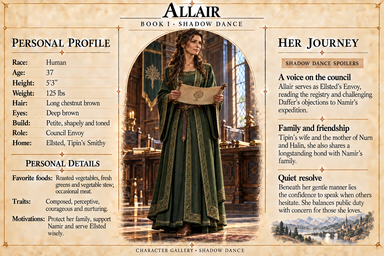Allair — Shadow Dance character card; profile and portrait only