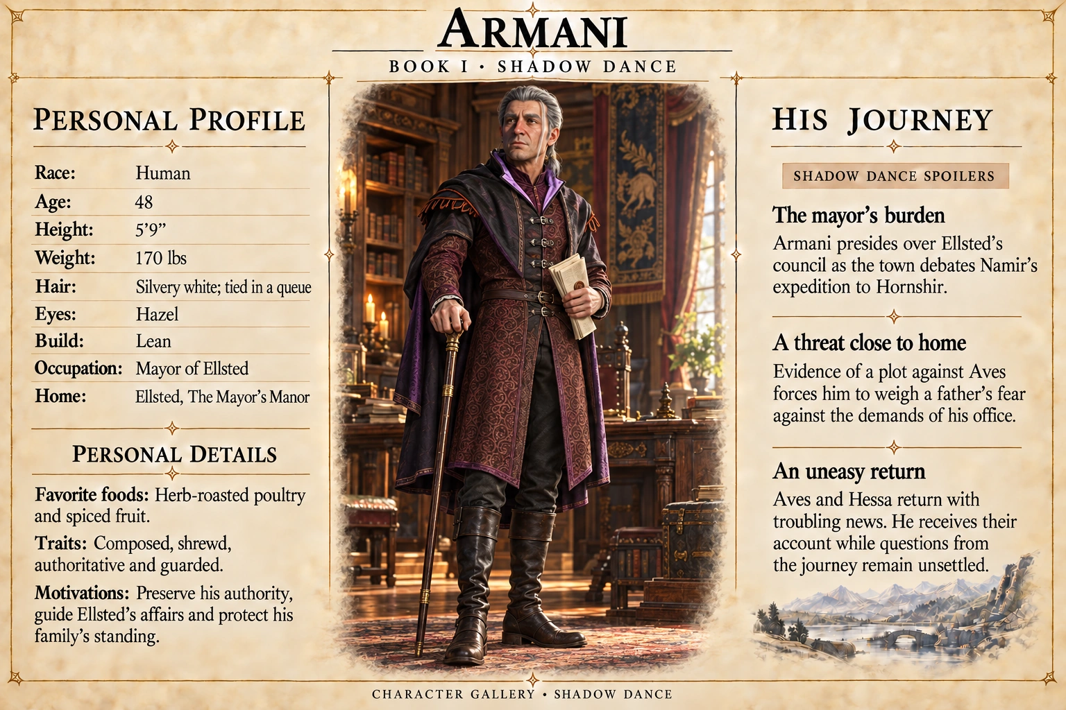 Armani — Shadow Dance character card; profile and portrait only