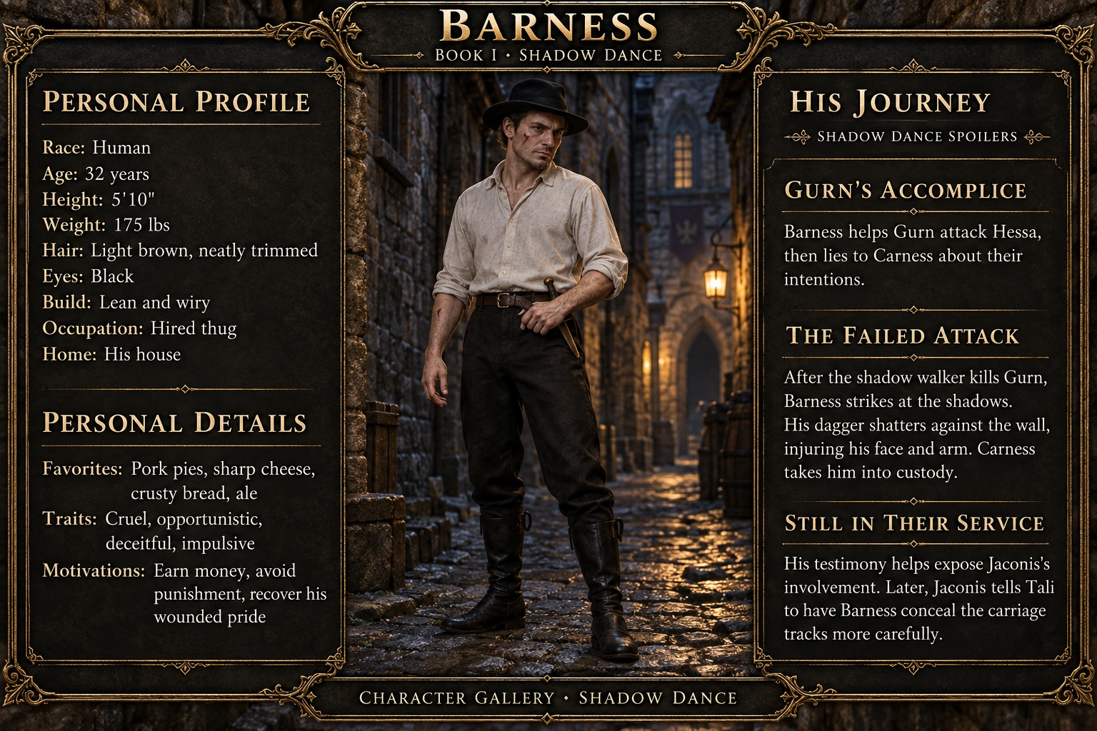 Barness — Shadow Dance character card; profile and portrait only