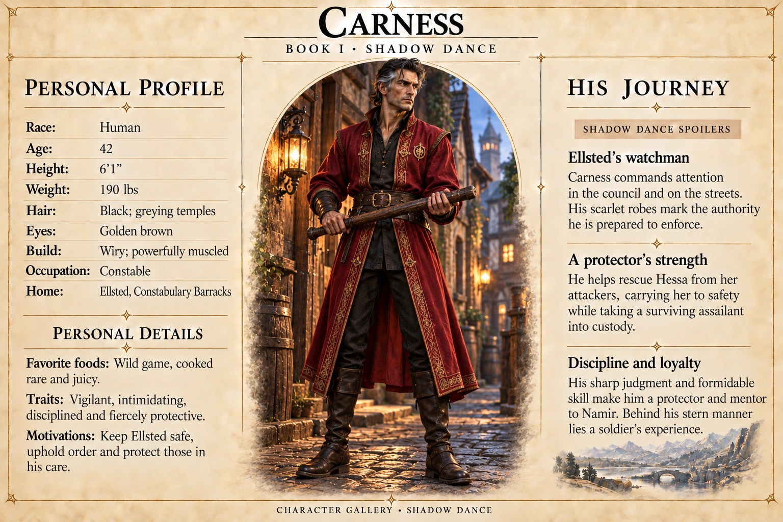 Carness — Shadow Dance character card; profile and portrait only