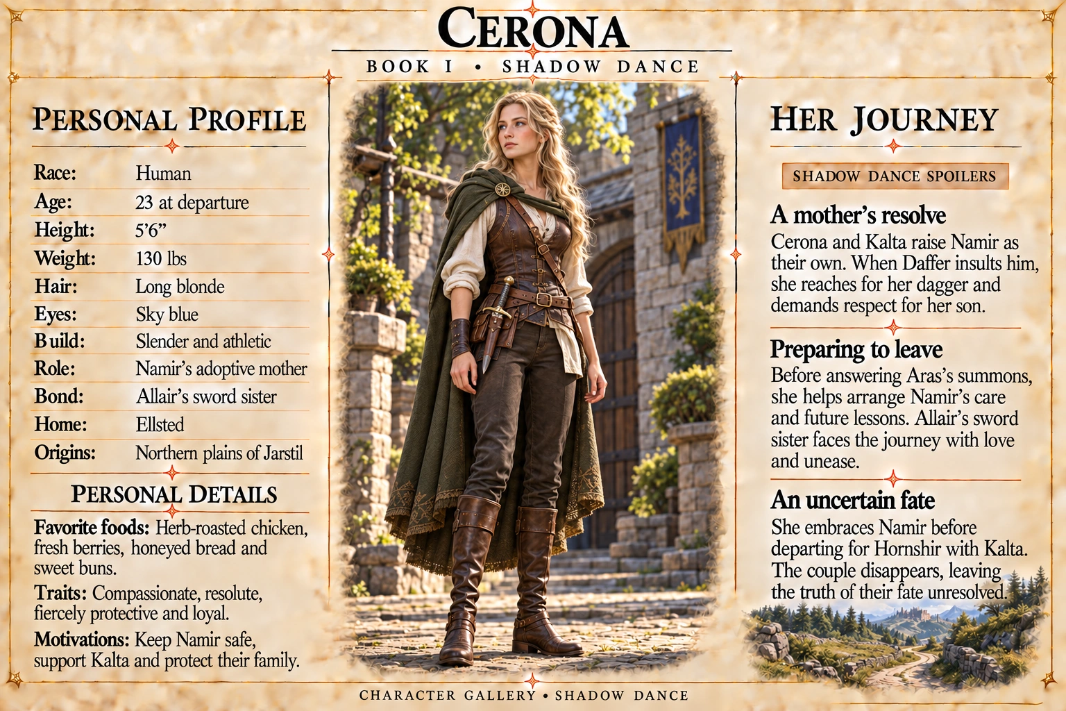 Cerona — Shadow Dance character card; profile and portrait only
