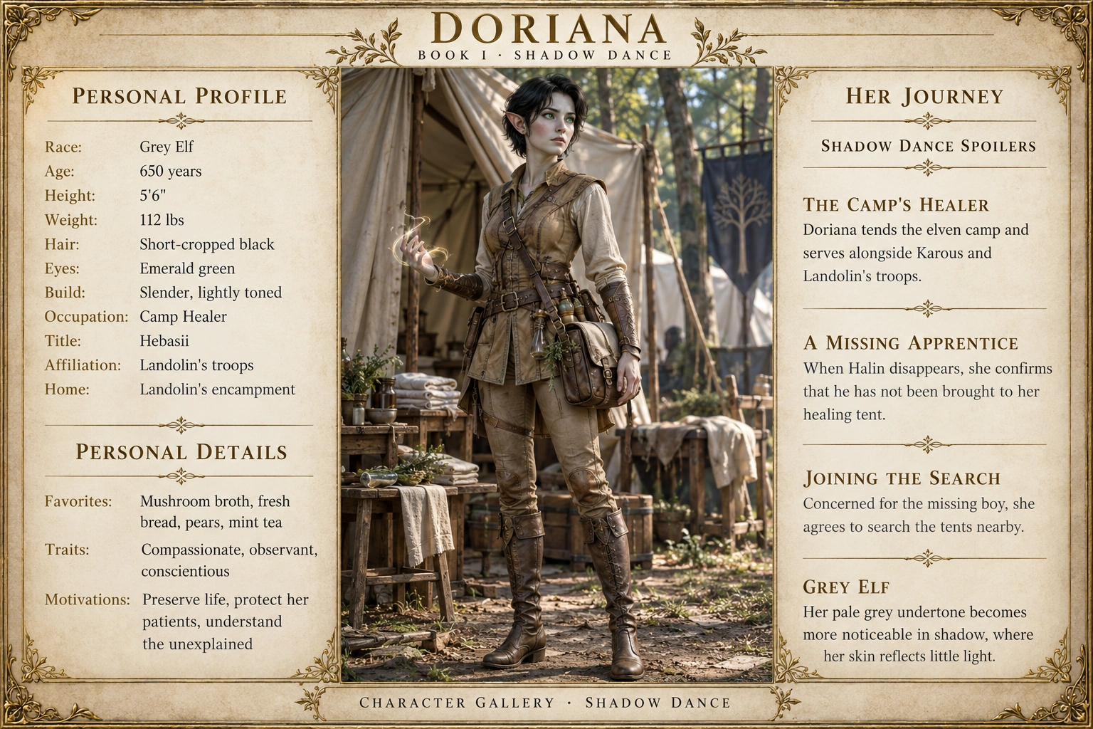 Doriana — Shadow Dance character card; profile and portrait only