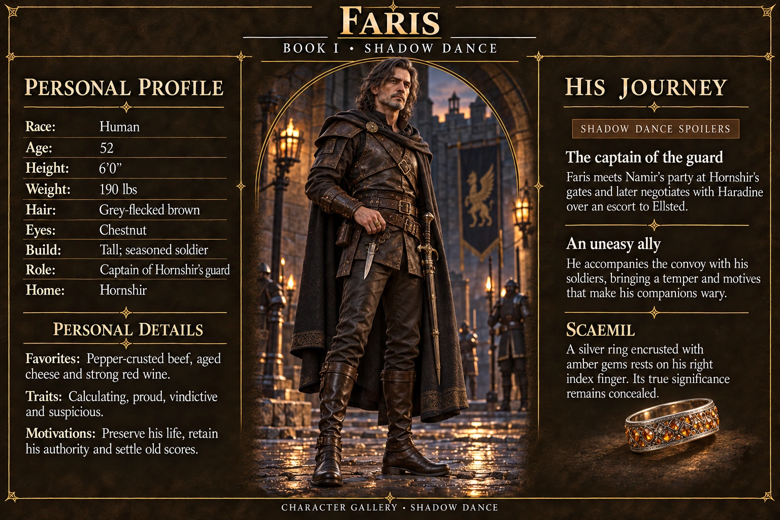 Faris — Shadow Dance character card; profile and portrait only