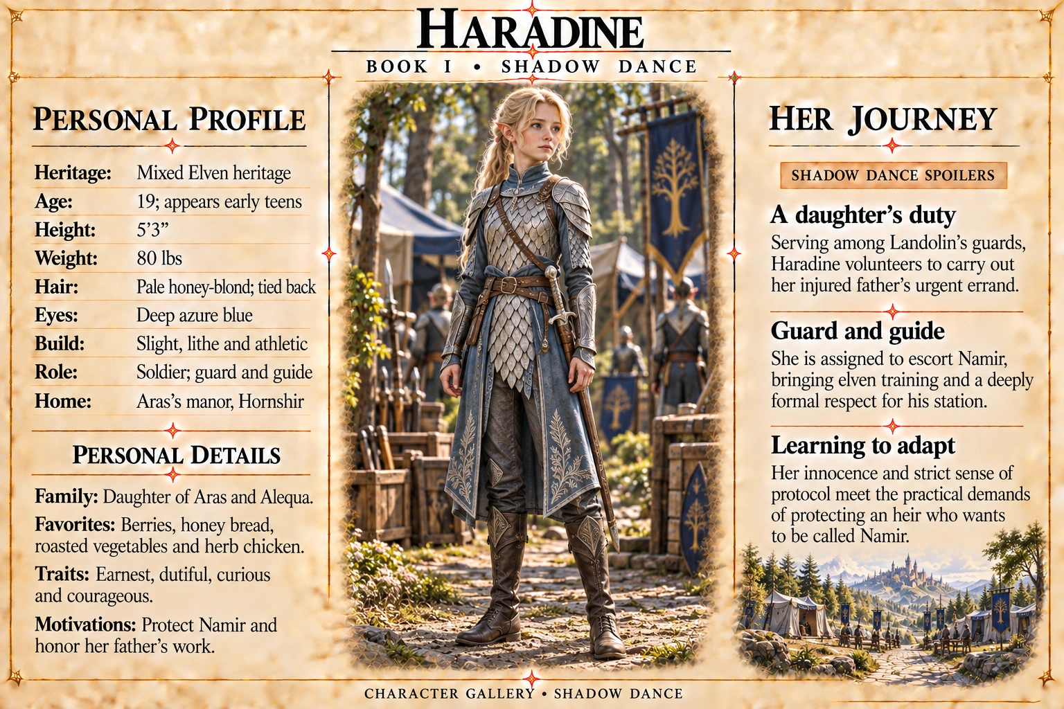 Haradine — Shadow Dance character card; profile and portrait only