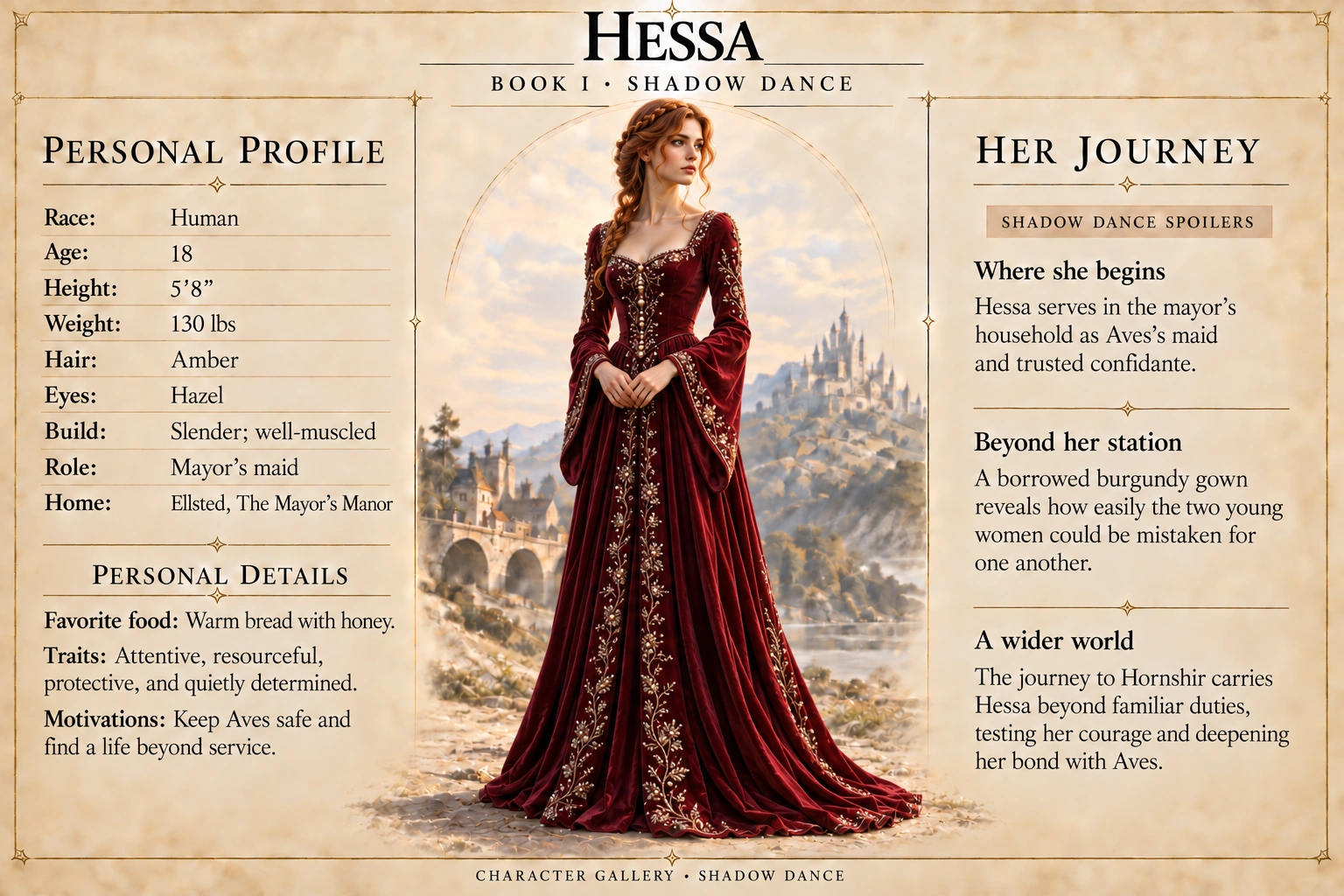Hessa — Shadow Dance character card; profile and portrait only