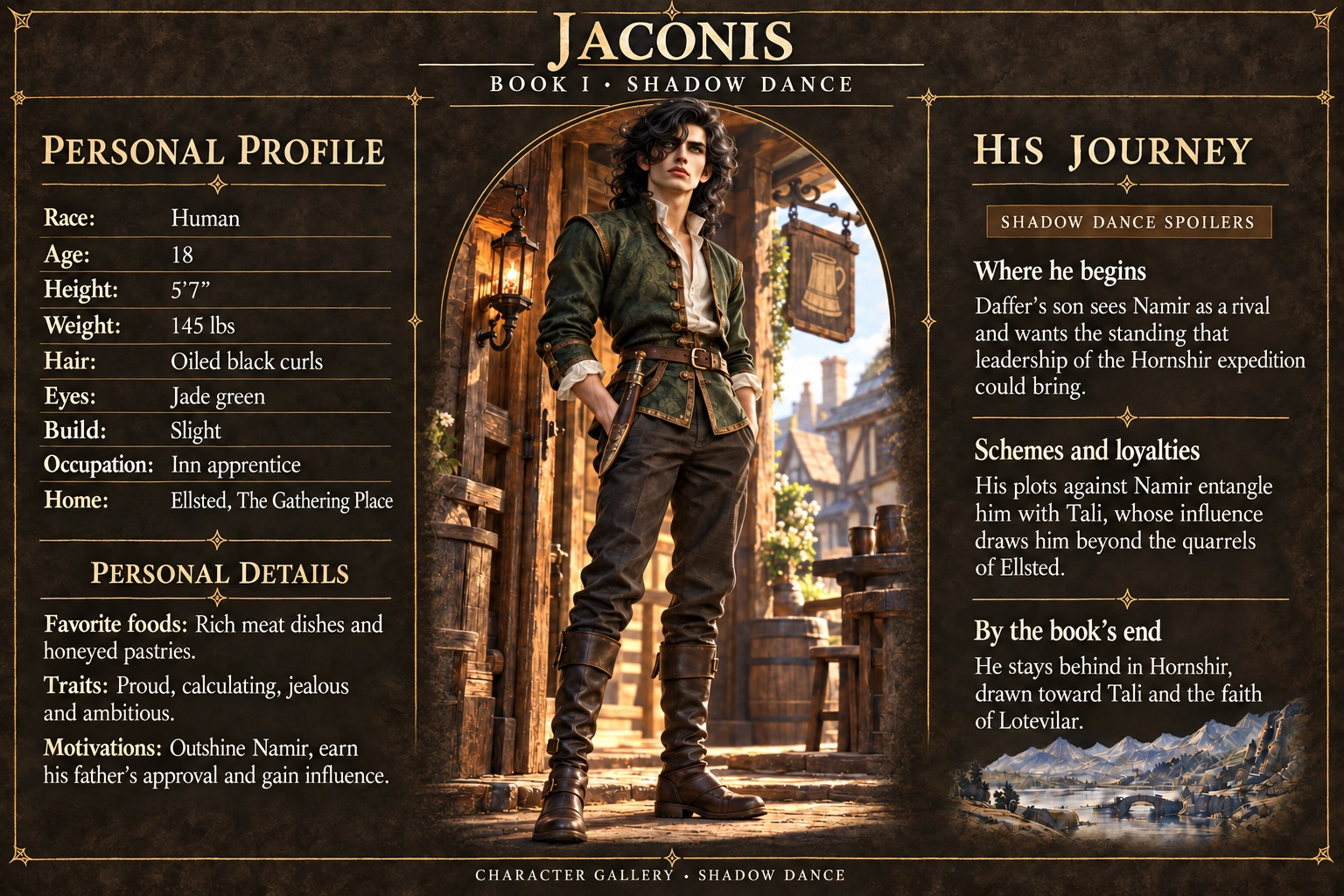 Jaconis — Shadow Dance character card; profile and portrait only