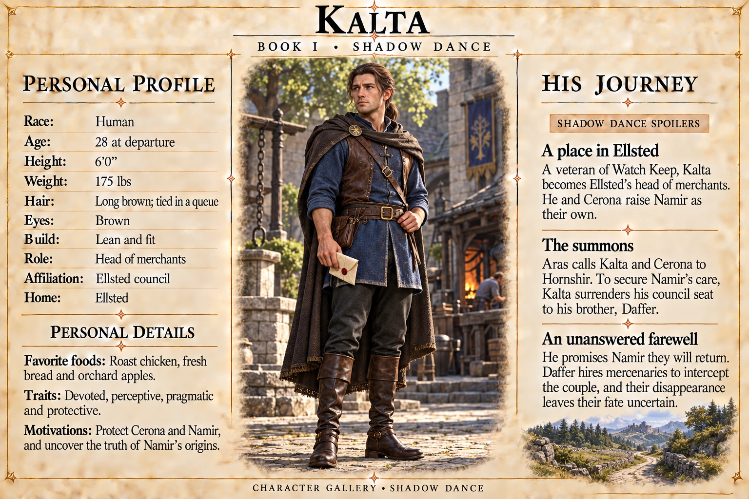 Kalta — Shadow Dance character card; profile and portrait only