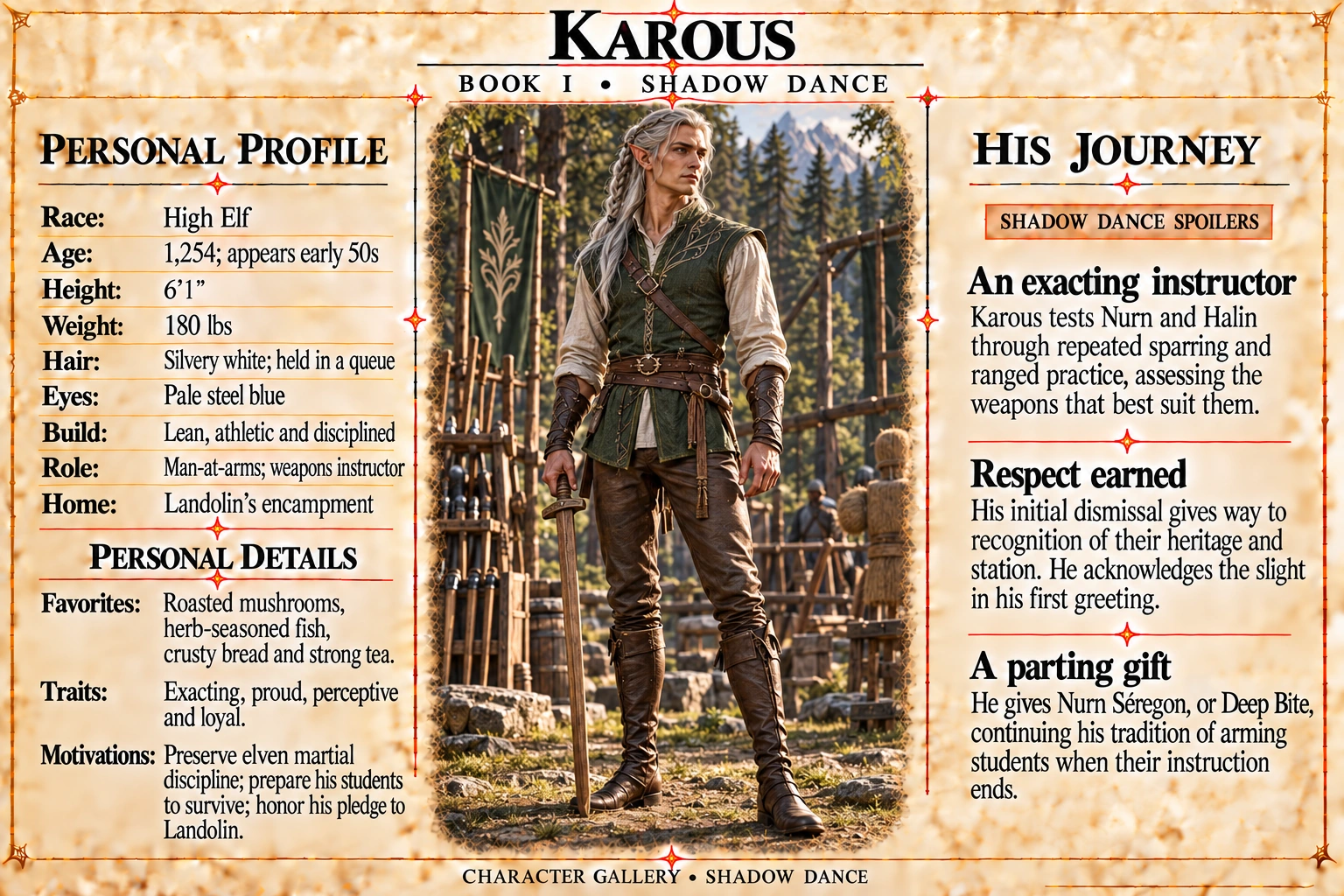 Karous — Shadow Dance character card; profile and portrait only