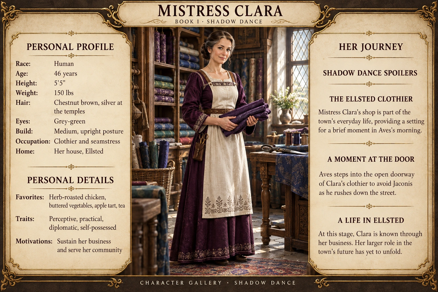 Mistress Clara — Shadow Dance character card; profile and portrait only
