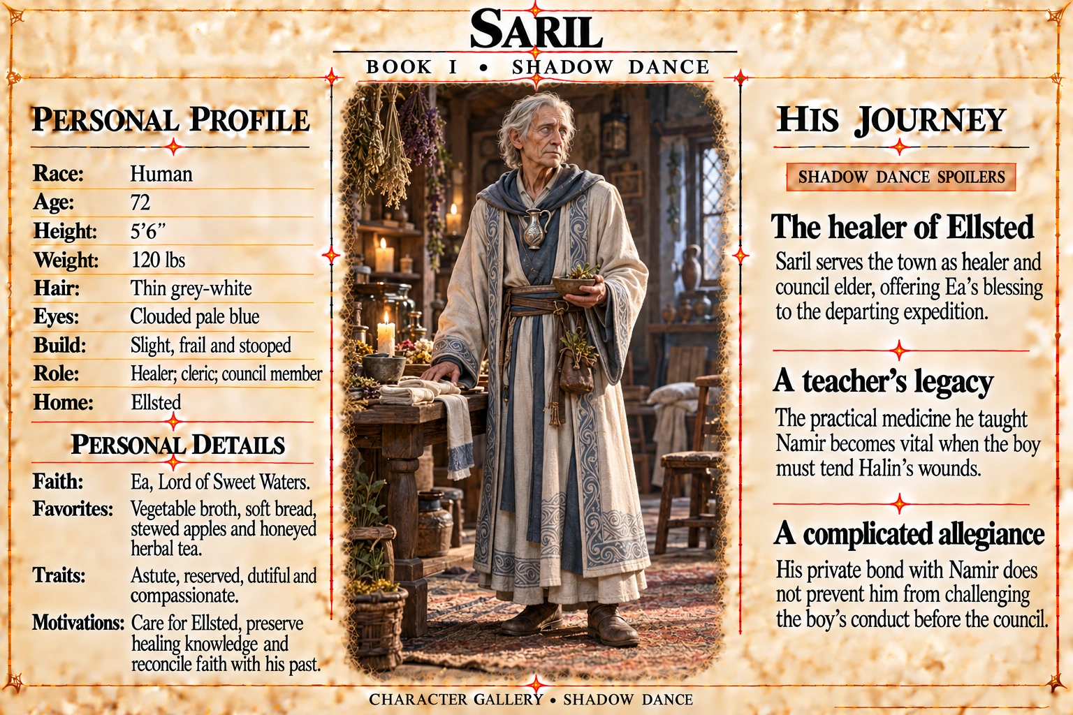 Saril — Shadow Dance character card; profile and portrait only