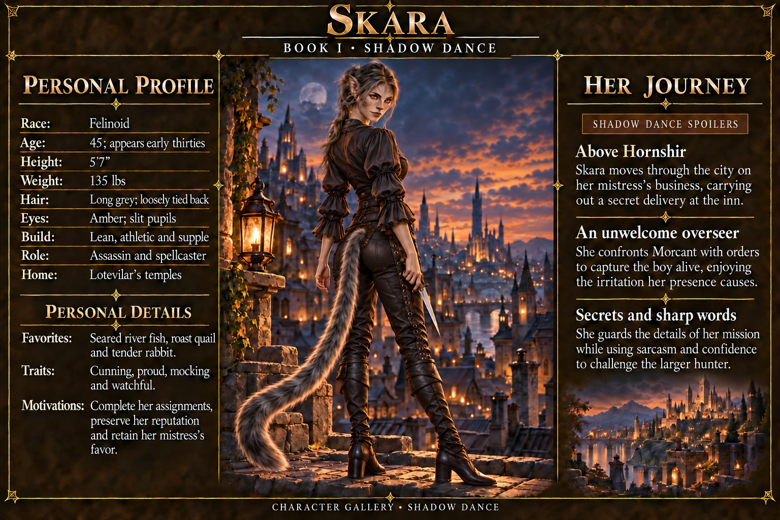 Skara — Shadow Dance character card; profile and portrait only