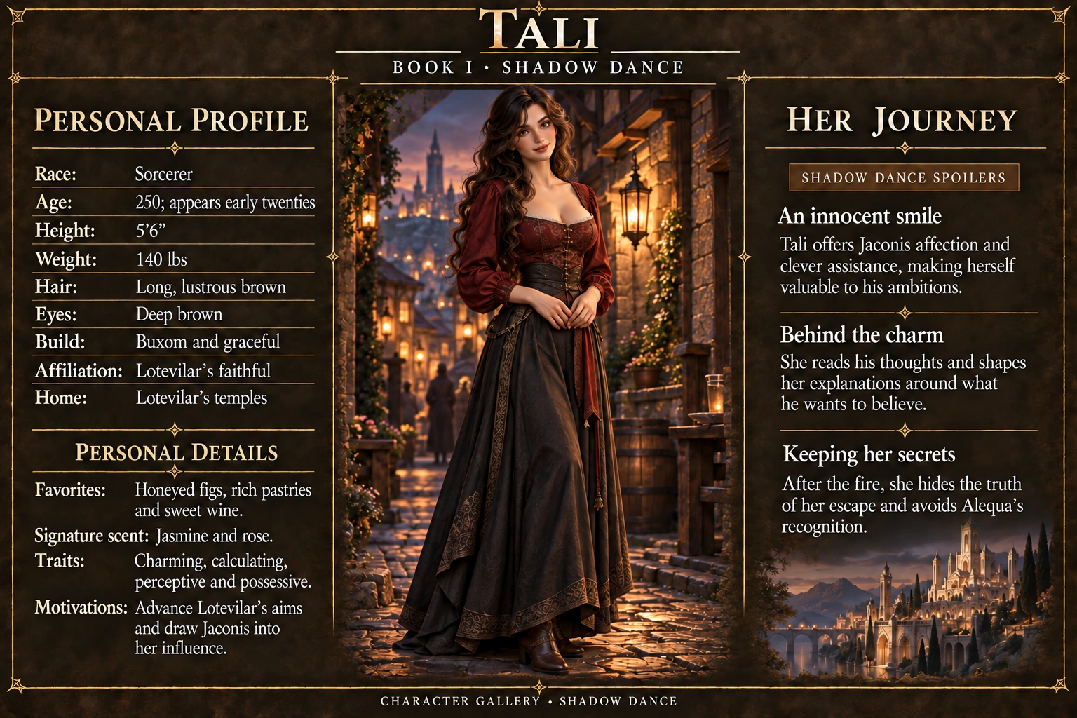 Tali — Shadow Dance character card; profile and portrait only