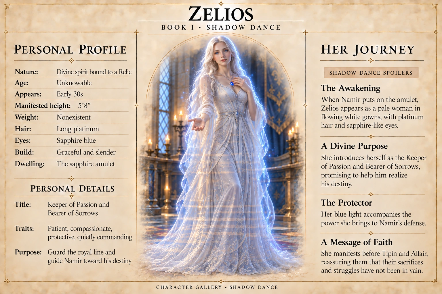 Zelios — Shadow Dance character card; profile and portrait only